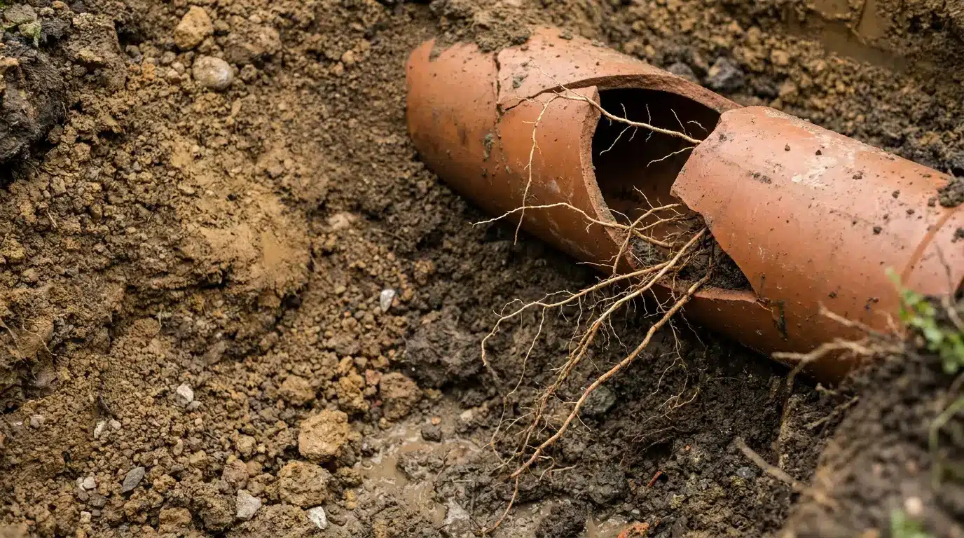 Broken clay pipe with tree roots in soil trench outdoors