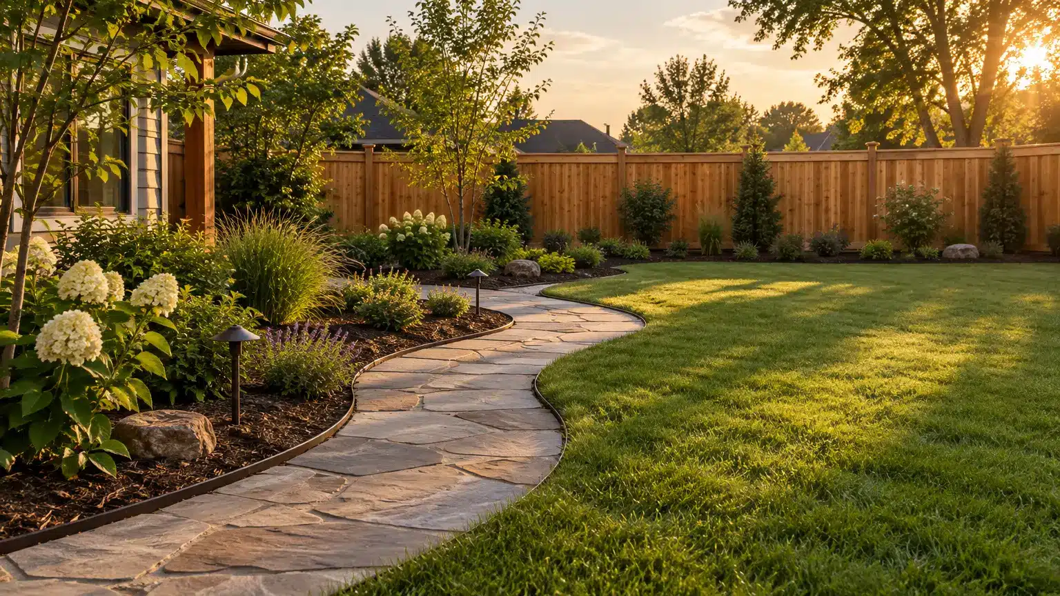 Curved stone path through landscaped garden with hydrangeas and wooden fence under warm sunlight