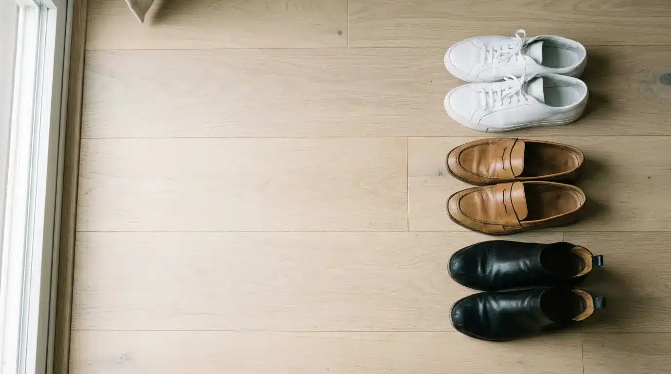 White trainers, tan loafers and black ankle boots arranged on a wooden floor in daylight