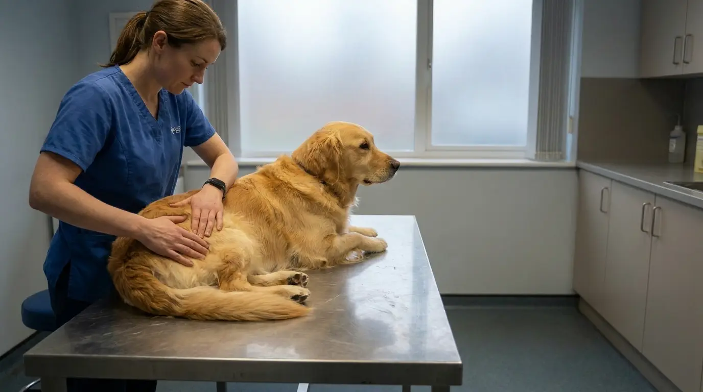 Veterinarian examining a golden retriever on a stainless steel table in a clinic room