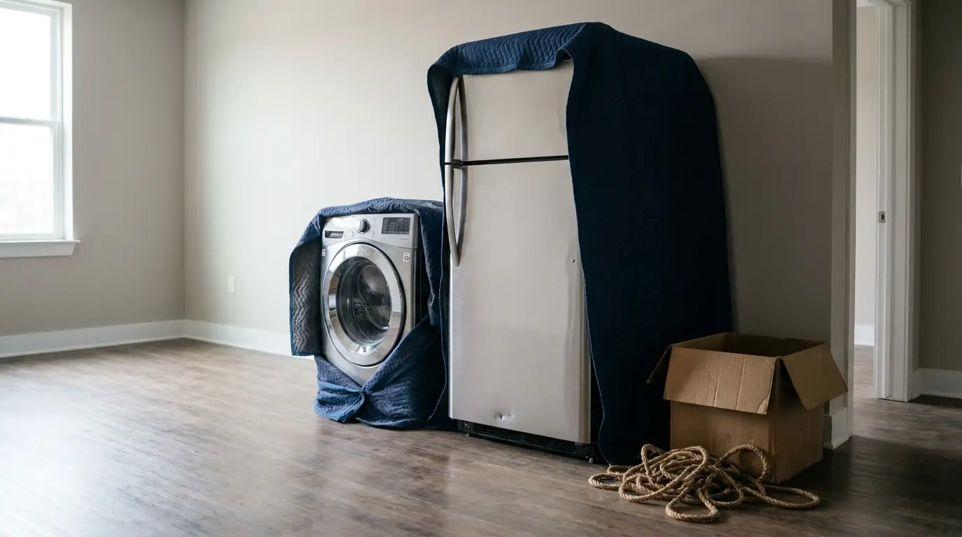 Moving blankets covering washing machine and refrigerator in empty room with cardboard box and rope